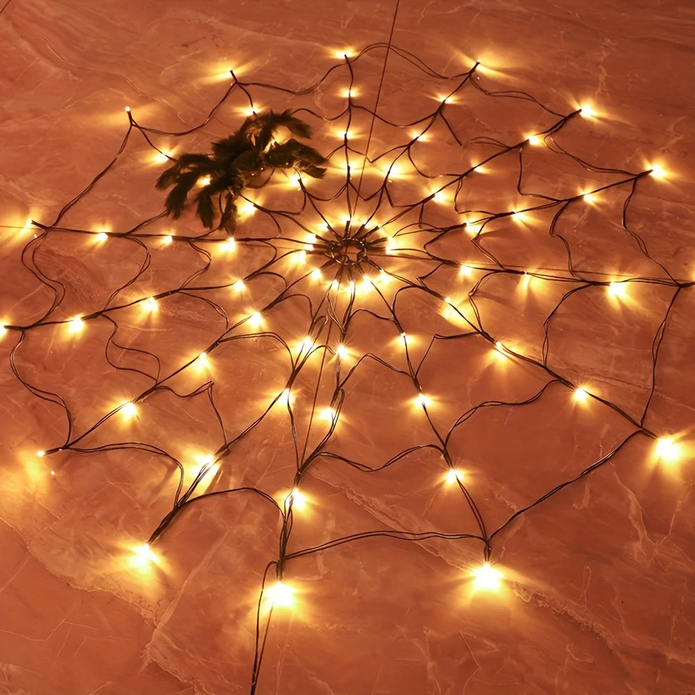 Giant Luminous LED Spider Web String Lights with Plush Spider, Creepy and Spooky Window Haunted Halloween Decorations