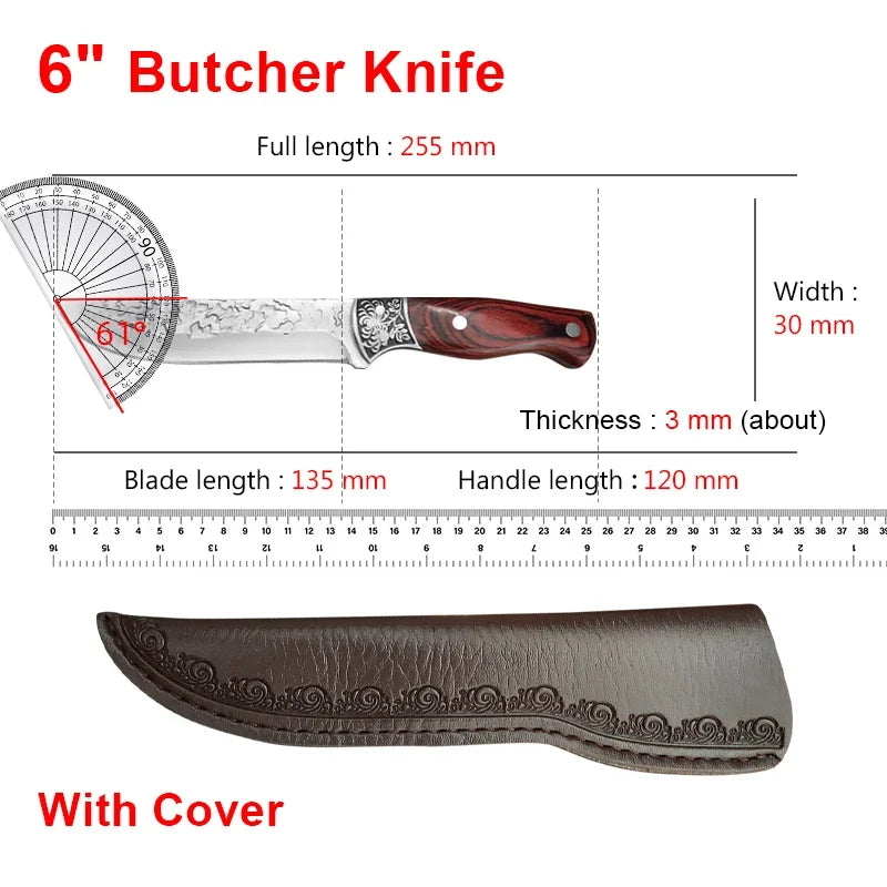 Kitchen Boning Knife Chef Butcher Meat Cleaver Stainless Steel Fruit Paring Knife Cut Meat Pork Beef Fish Cutting Wood Handle