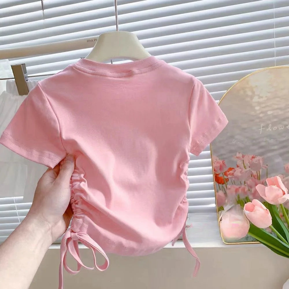 Summer Short Sleeved T-shirt Girls Fashionable Drawstring Top 3-8 Years Old Girl Pearl Love Sweet Cartoon Print Pullover