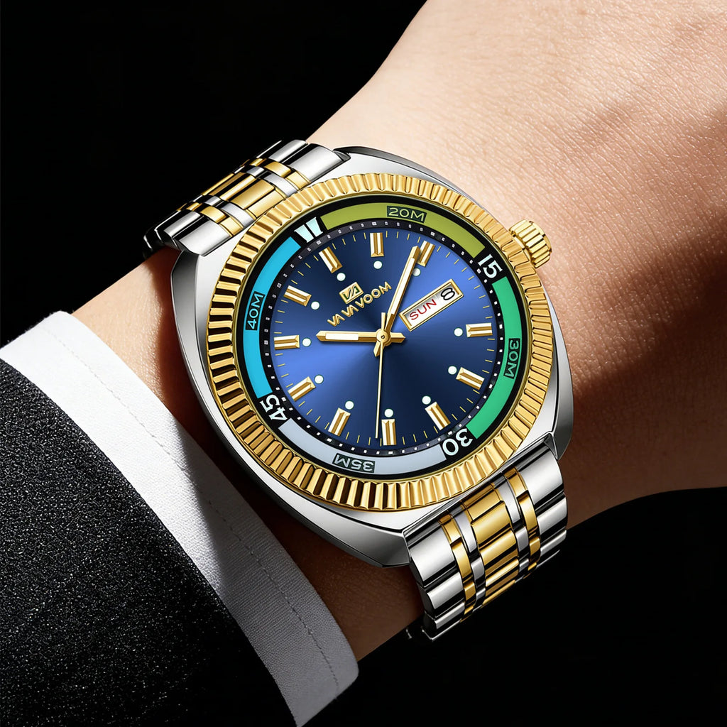 New Gear Ring Steel Strip Watch For Men Doubles Calendar Night light Large Dial Waterproof Male Fashion Quartz Clock Watches