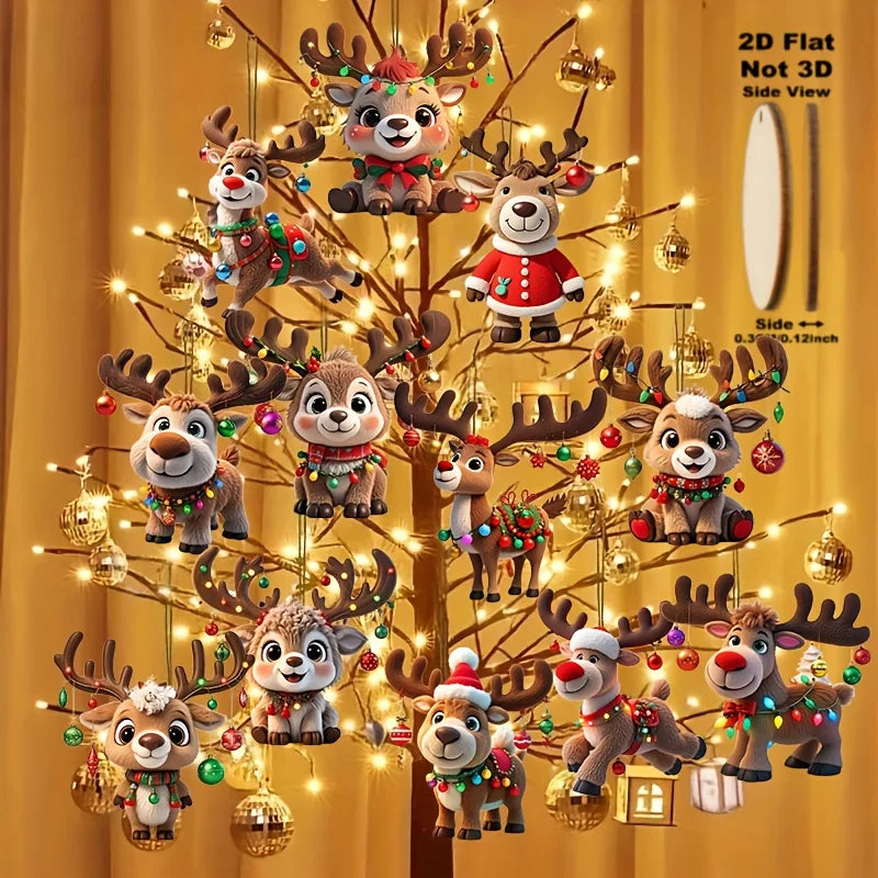 12pcs Christmas Elk 2D Wooden Pendant Christmas Party Decoration Set for Xmas Tree Ornament Perfect Indoor Xmas Celebration Gift