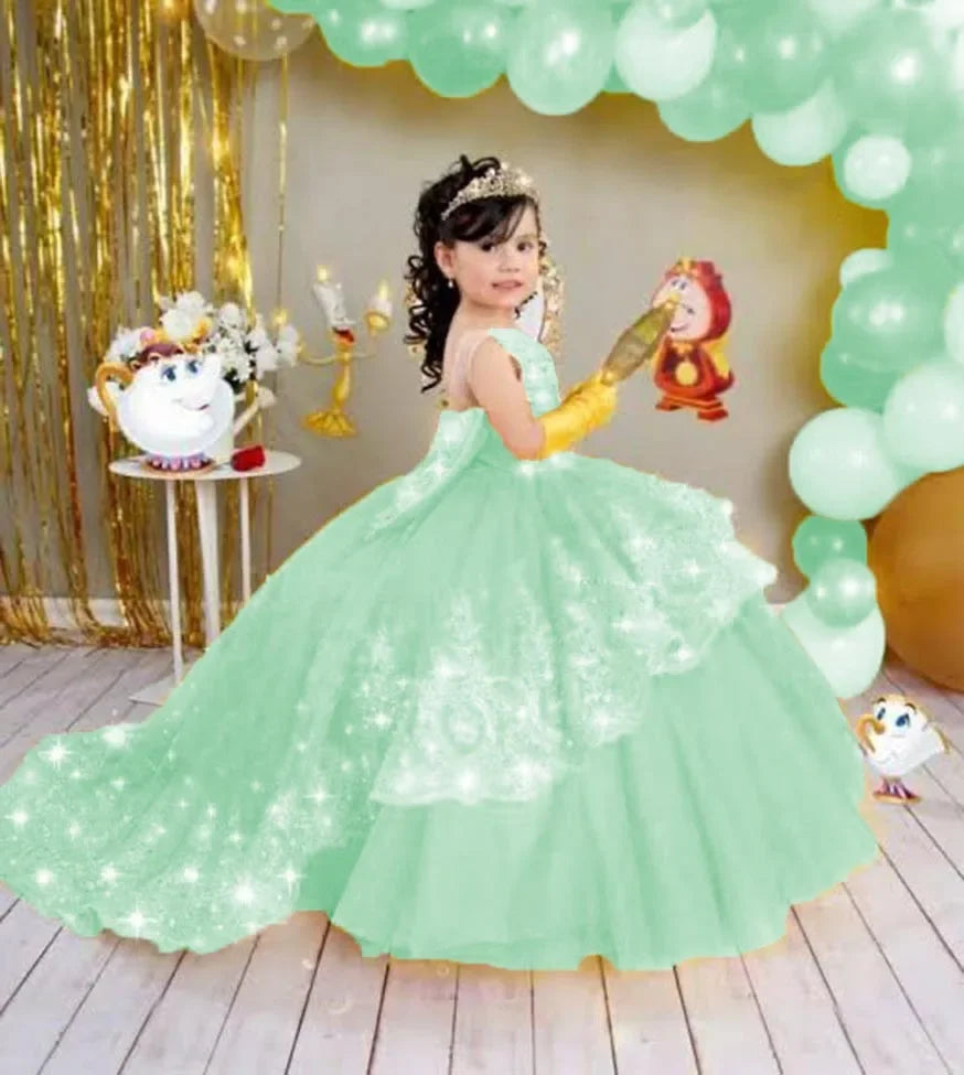 Gold Girls Princess Dress 2024 Tulle Tiered Flower Girl Dress Toddlers Beaded Lace Pageant Dress Customized Birthday Party Gowns