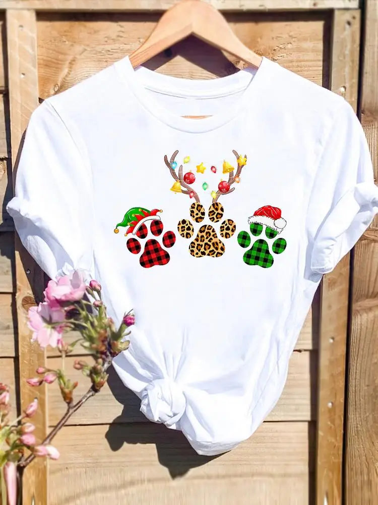 Merry Christmas New Year Holiday Graphic T Tee Fashion Cat Tree Lovely 90s Cute Harajuku Kawaii T-shirt Women's Y2K Clothing