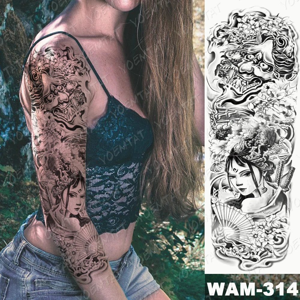 Large Arm Sleeve Tattoo Gun Rose Lion Waterproof Temporary Tattoo Sticker Clock Flower Waist Leg Body Art Full Fake Tatoo Women