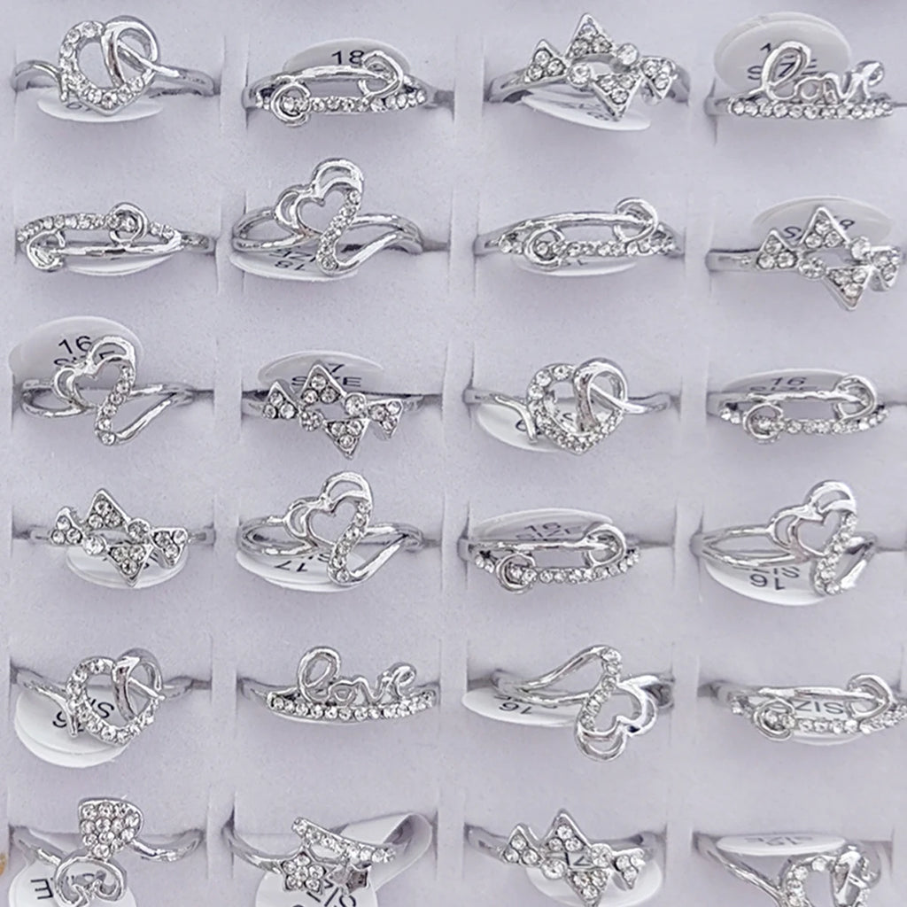 10pcs/Lot Wholesale Crystal Rhinestone Rings For Women Mix Style Gold Silver Plated Alloy Finger Rings Wedding Party Gifts