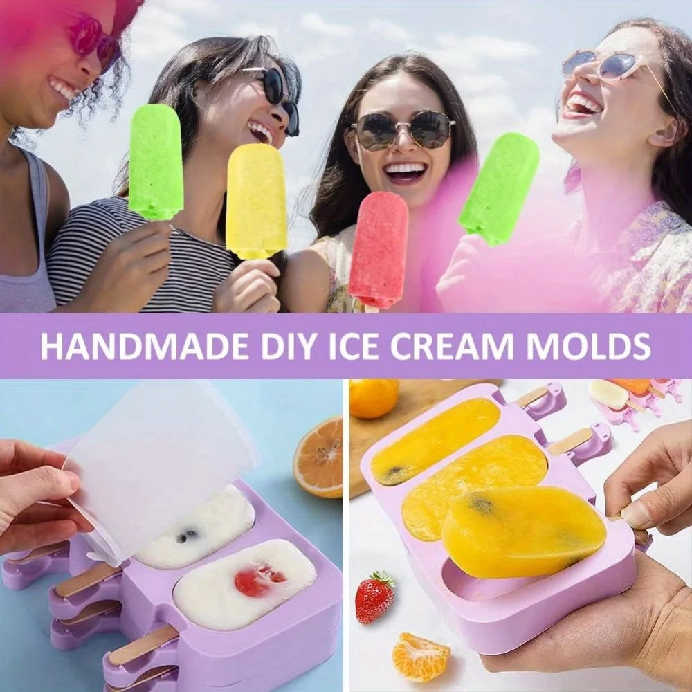 Silicone Ice Cream Mold Popsicle Siamese Molds with Lid DIY Reusable Ice Lolly Mold Cartoon Cute Image Handmade Easy Release