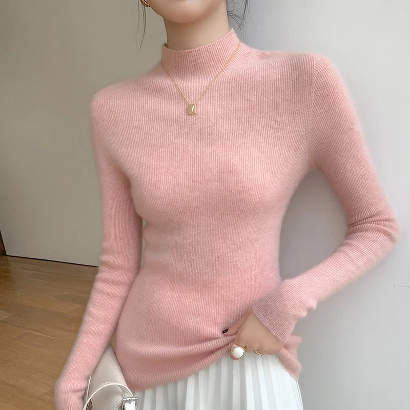 Autumn and Winter New Women's Cashmere Sweater 100% Pure Cashmere Semi High Neck Women's Pullover Soft Basic Women's Top