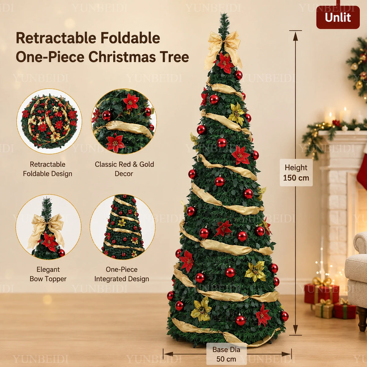 Foldable Christmas Tree with LED Lights Decoration Accessories Integrated Artificial Christmas Tree 1.5M To 2.1M for Home Decor