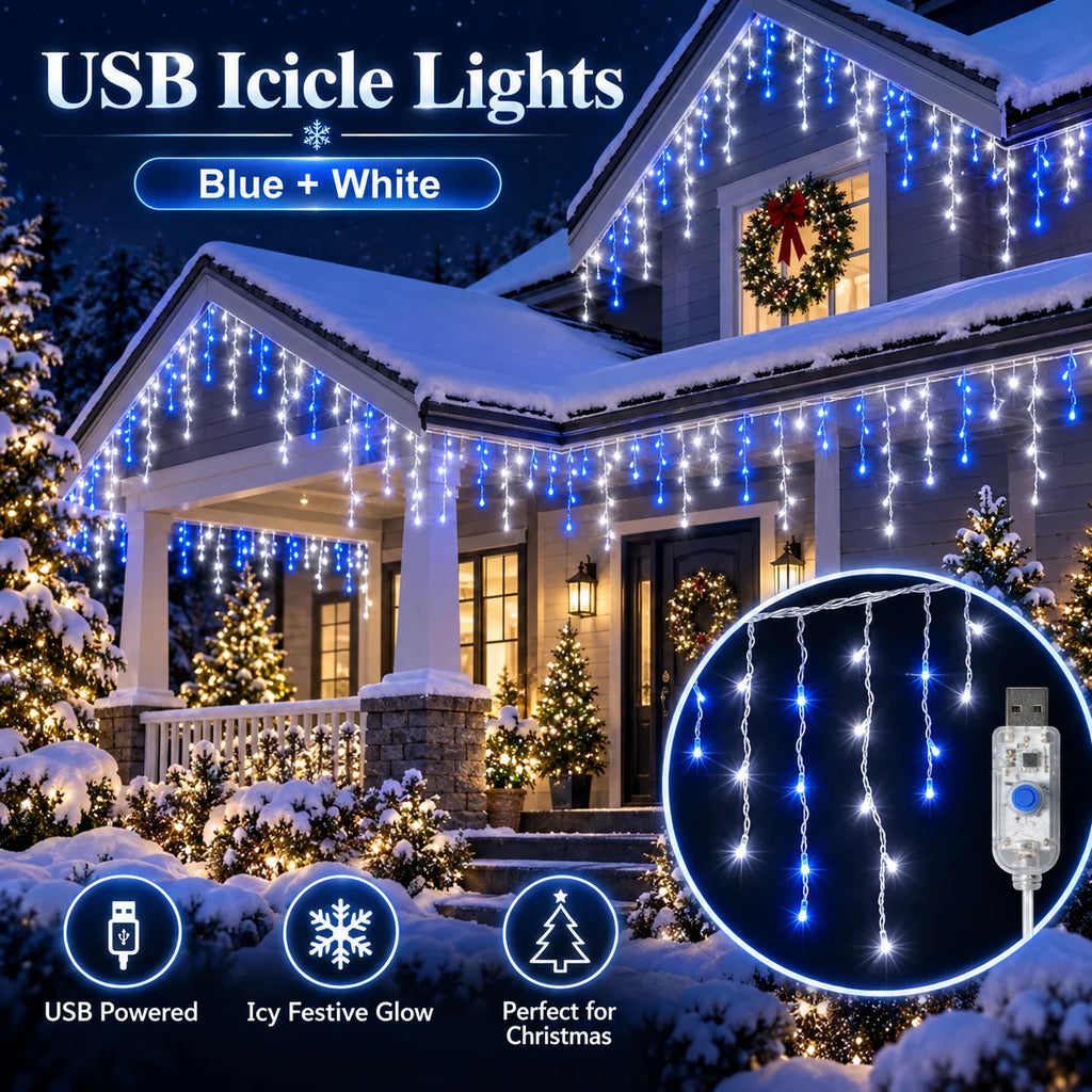 Christmas Icicle Lights USB Blue White 6/10M Alternating LED String Lights Hanging Drops for Roof Eaves Window Holiday Decor