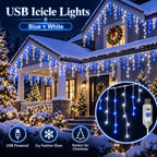 Christmas Icicle Lights USB Blue White 6/10M Alternating LED String Lights Hanging Drops for Roof Eaves Window Holiday Decor