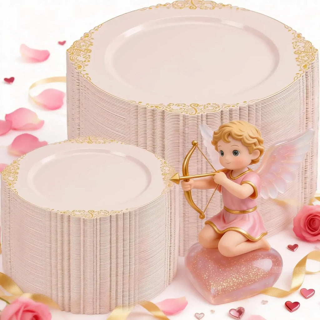 hot-selling200PCS Pink and Gold Plates - Pink Plastic Plates - Fancy Disposable Plate with Gold Rim - Vintage Wedding Dinner & D