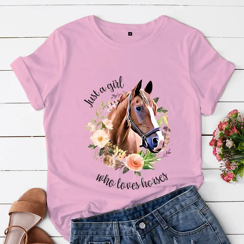 Just A Girl Love Horse Print Women T Shirt Short Sleeve O Neck Women Tshirt Flowar Horse Ladies Tee Shirt Tops Camisetas Mujer