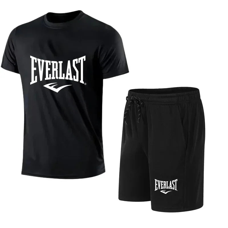 Men's T-shirt + Shorts 2-piece Set - Comfortable and Breathable Short-Sleeved Sporty Running Fitness Brand Printed Clothing