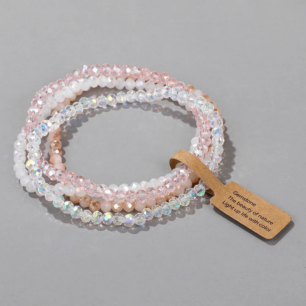 Colorful Glass Crystal Bracelets Set 4Pcs Faceted Pink Glass Crystal Bead Stretch Bangle Jewelry Gift For Women Girls Friend