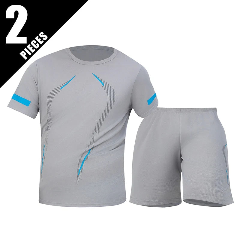 2-Piece Four Seasons Men's Short Sleeve Set Printed Quick Drying T-shirt for Youth Sports Fitness Running Comfortable and Casual