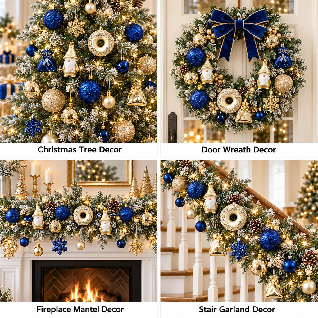 60Pcs Blue Gold Christmas Ornaments Set Shatterproof Multi Shapes Gnome Donut Snowflake Gift Balls Xmas Tree Hanging Party Decor