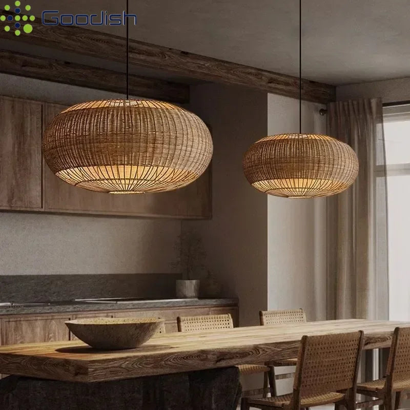 Industrial Vintage Art Creative Bamboo Woven Pumpkin LED Pendant Lights Lustre Lamps for Living Room Home Decoration Chandelier