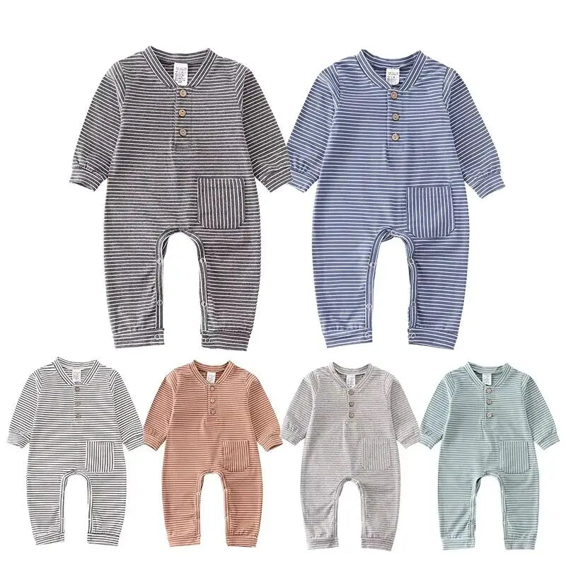 Newborn Baby Boy Romper Long sleeve Girl Infant Cotton Clothes Knitted Stripe Solid Jumpsuit For Toddler Outfits 0-24M