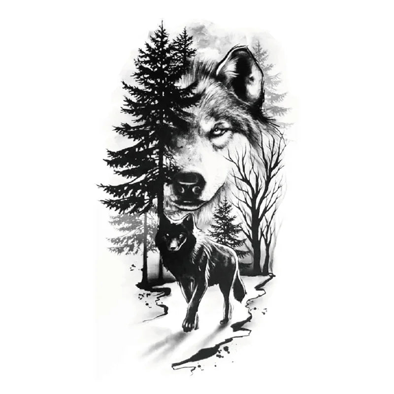 Waterproof Temporary Tattoo Sticker Forest Big Tiger Lion Wolf King Body Arm Hand Cool Art Black Animal Men Women Fake Tattoos