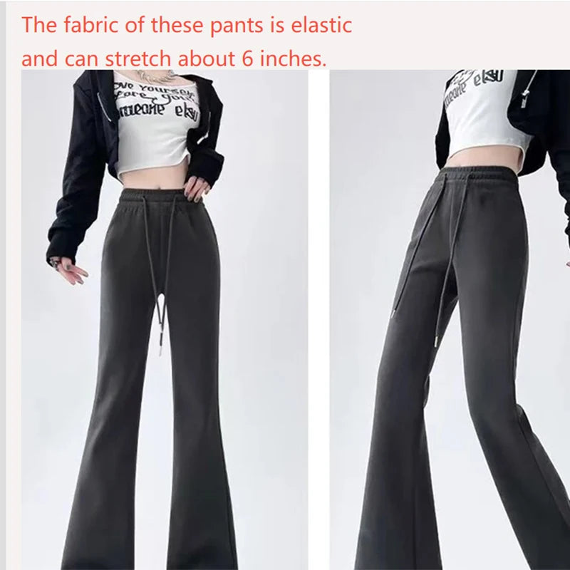 Micro Flared Pants Casual Dark Gray Sports High Waisted Drawstring Elastic Long Pants Solid Simple For Women Clothes Fashion New