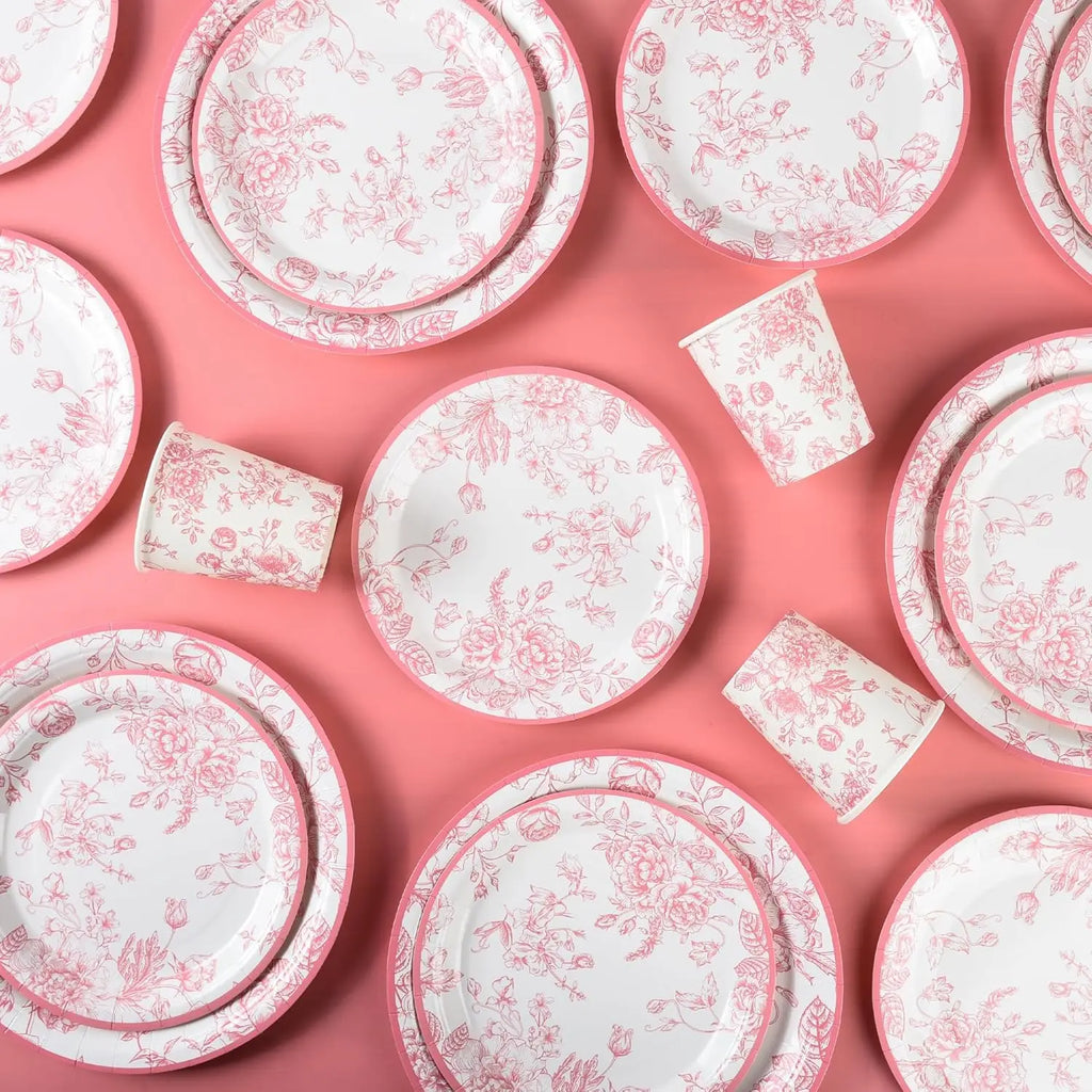 175Pcs Pink Floral Paper Plates and Napkins 25 Guests Pink White Toile Chinoiserie Party Supplies Set Include Plates Napkins