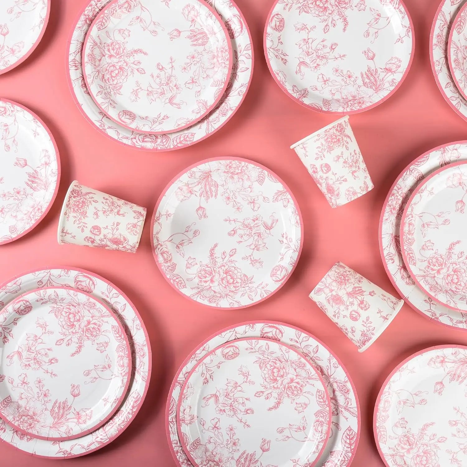 175Pcs Pink Floral Paper Plates and Napkins 25 Guests Pink White Toile Chinoiserie Party Supplies Set Include Plates Napkins