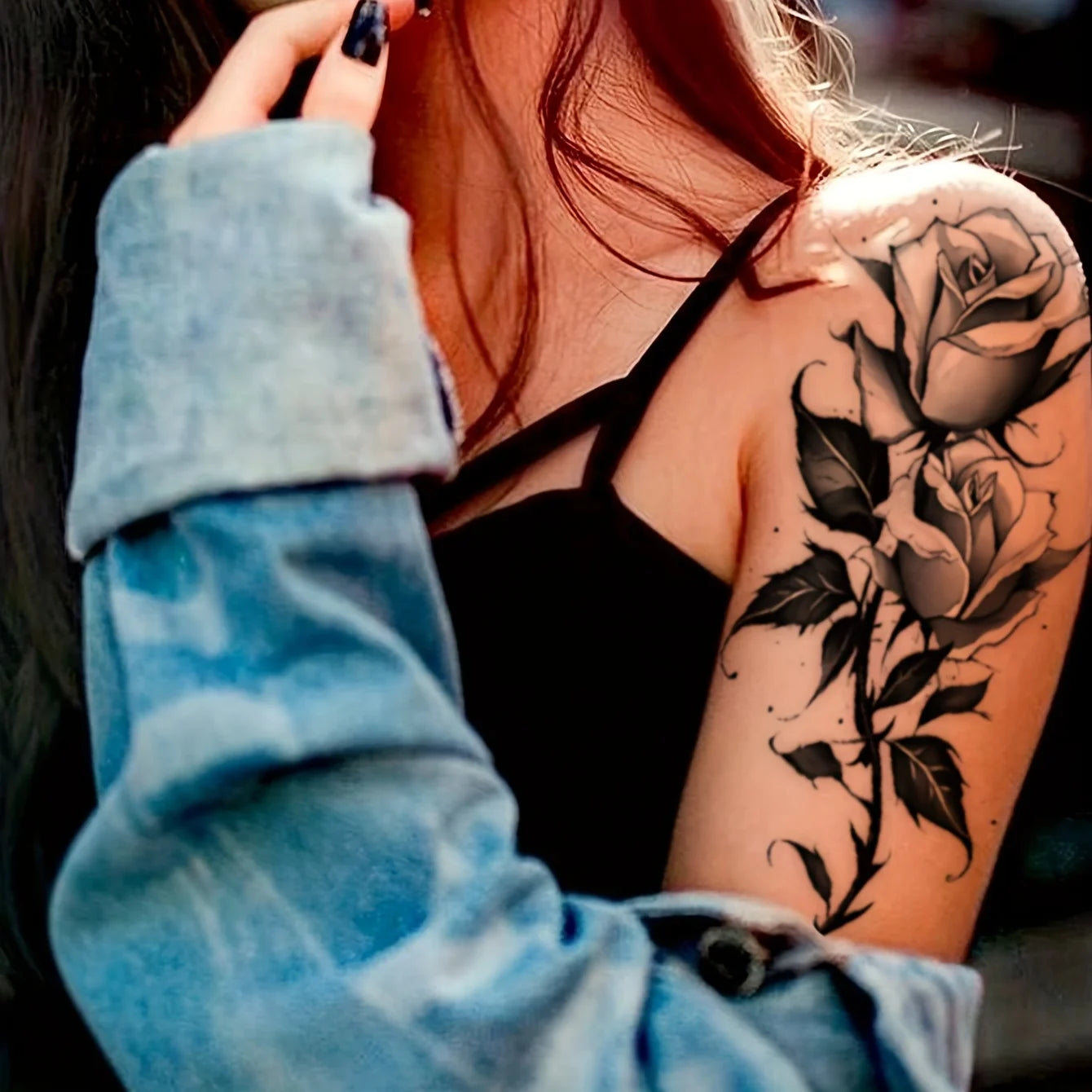2pcs Black Flower & Butterfly Temporary Tattoo Stickers For Women, Waterproof & Long Lasting Fake Tattoo For Arm, Leg & Chest