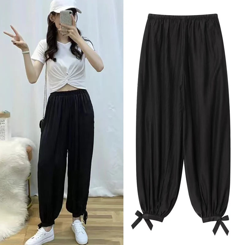 Woman's Pants Black Bloomber Trousers Wide Leg Pants For Women 2026 New Streetwear Elastic Waist Casual Solid Pants Bow Lace Up