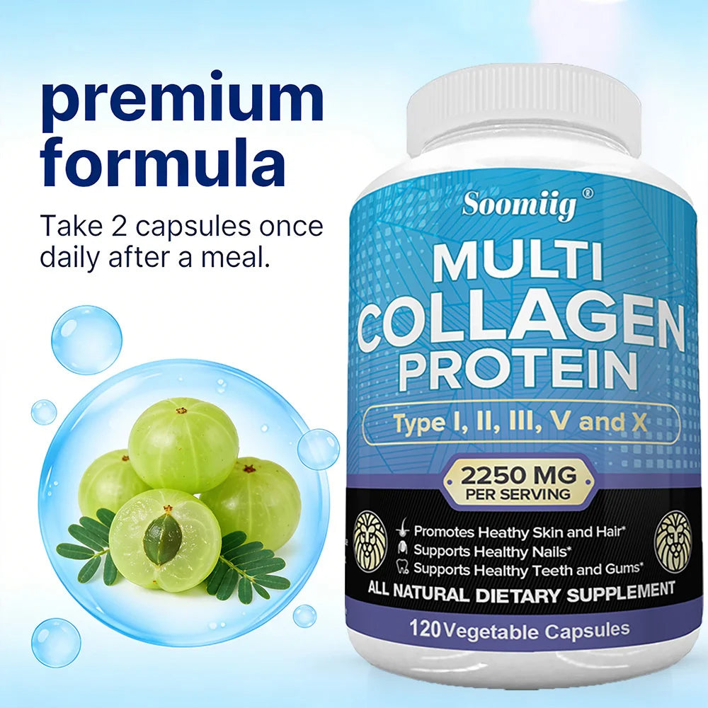 Multi-Collagen Peptides Capsules, Types I/II/III/V/X, Teeth, Hair, Skin, Nails, Joints, Gut & Anti-Aging Support, Non-GMO