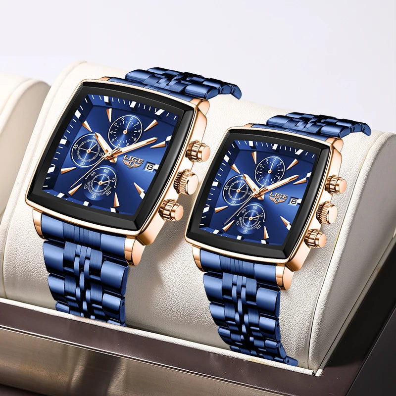 LIGE Luxury Brand Couple Watches Stainless Steel Waterproof Luminous Quartz Watch Fashion Simple Lovers Gifts for Men and Women