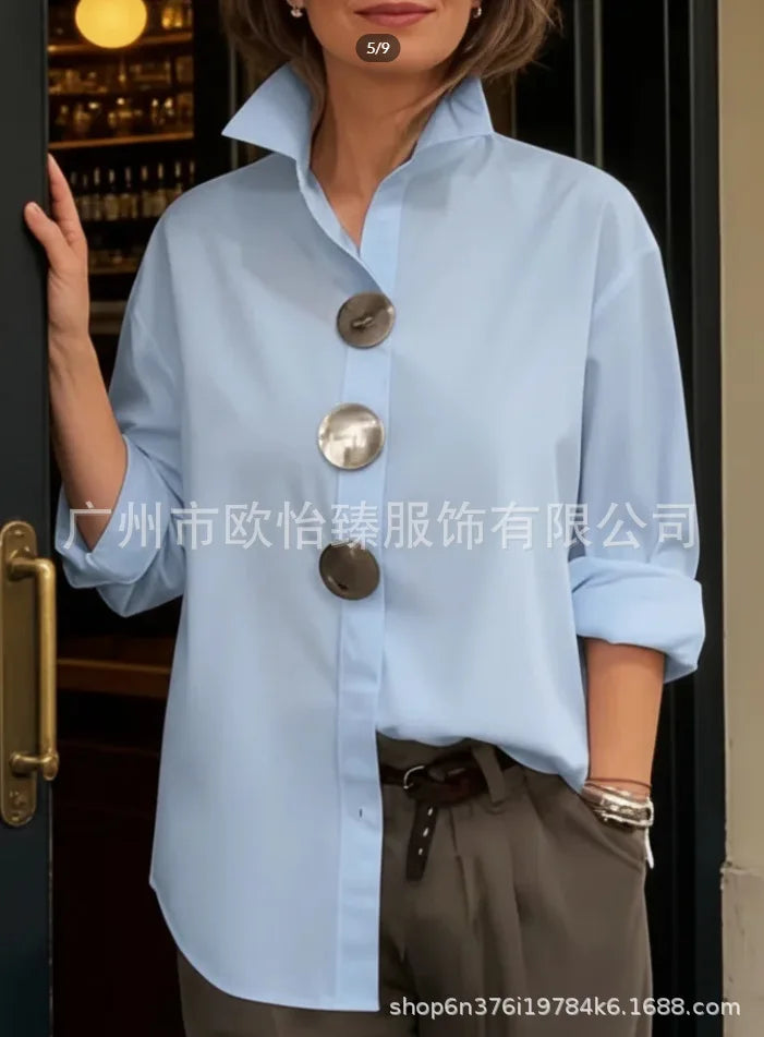 Women Casual Solid Loose Shirt Tops Spring Summer Fashion Lapel Shirt Long Sleeve Blouse Metal Button Top Office Ladies Blouses