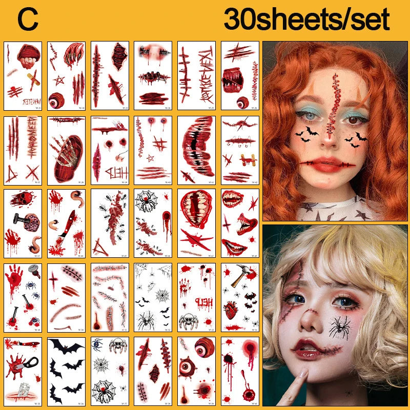 30 Sheets Halloween Fake Tattoo Scar Stickers Face/Hand/Body Makeup Stickers