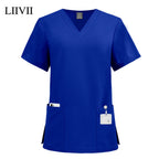 Women Men Solid Color Scrubs Top Short Sleeve Pockets Surgery Blouse V-neck Medical Clothes Unisex Dental Vet Surgical Uniforms