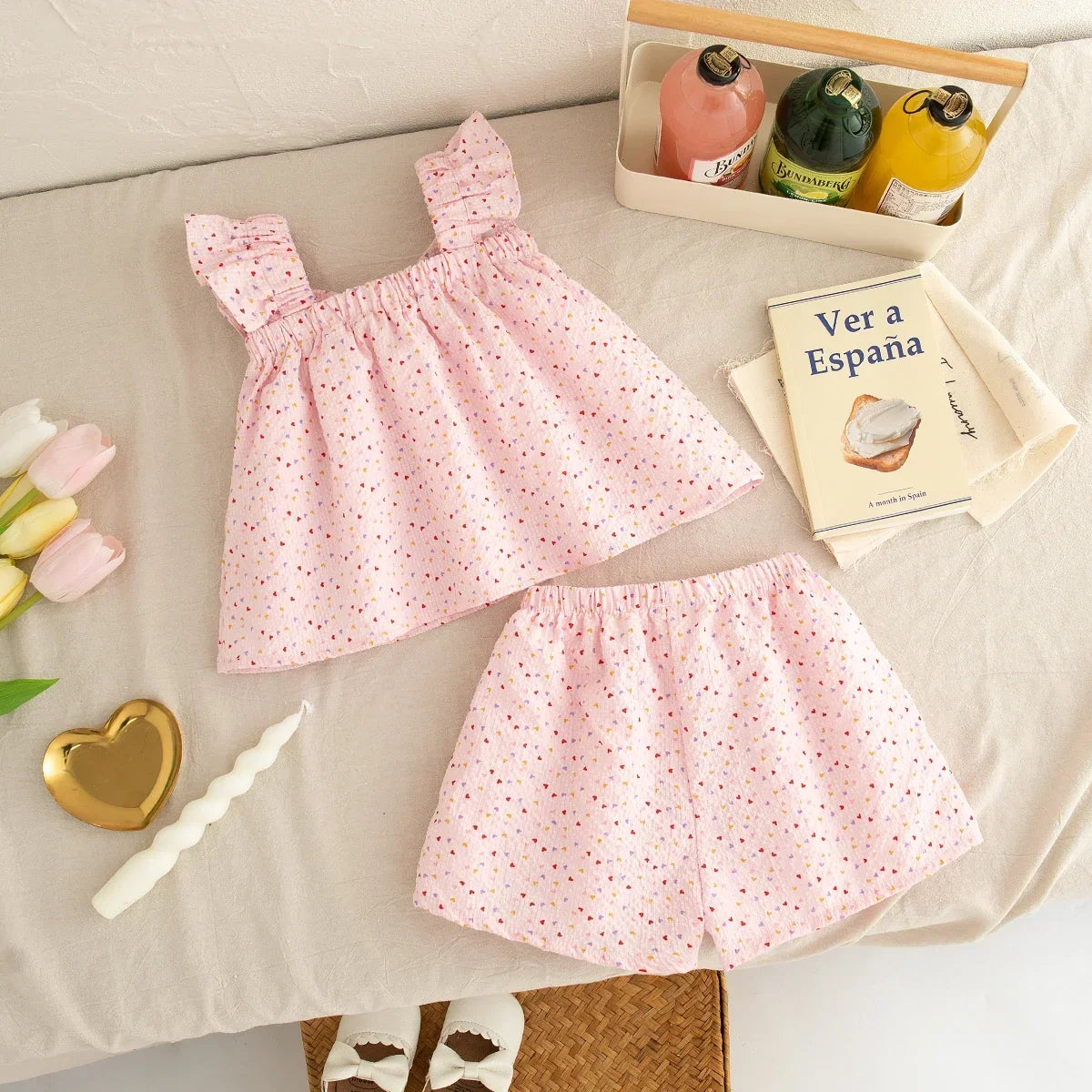 2-piece Summer Sleeveless Love Baby Girl Set Bow Tie Camisole Top+shorts 0-3 Years Old Baby Set Holiday Children's Clothing