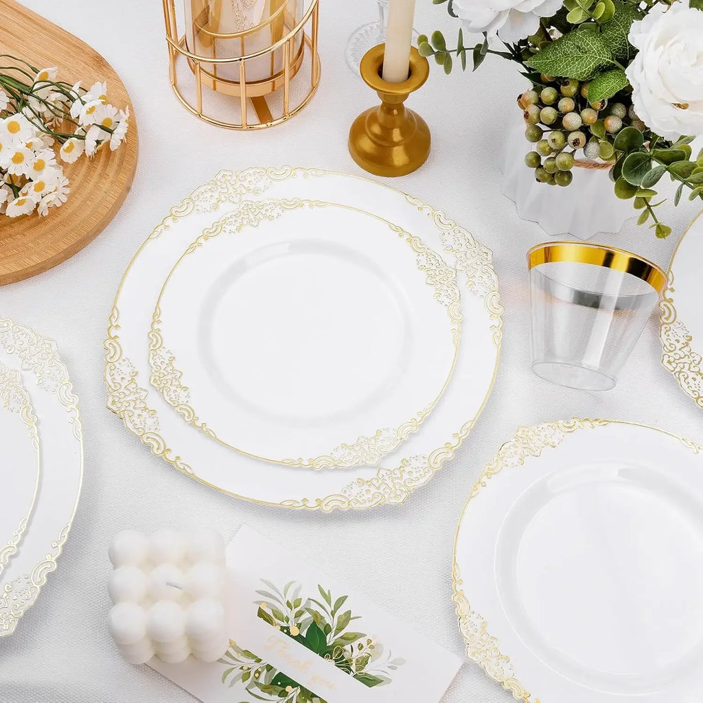 White And Gold Disposable Plates 200 Pcs For 100 Guests Dinner Dessert Plates For Party Wedding Graduation