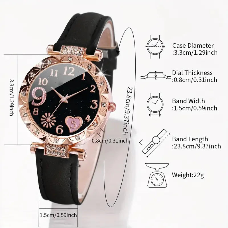 6PCS/Set Fashion Heart Dial Women's Watch Casual Leather Band Analog Quartz Watch Leaf Bracelets Set（Without Box）