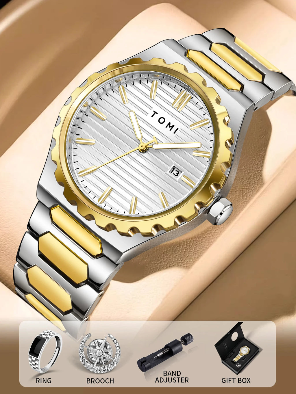 TOMI New 4PCS Luxury Men Watch Gift Set High Quality Steel Strip Striped Dial Calendar Men Quartz Watch Clock Gifts Reloj