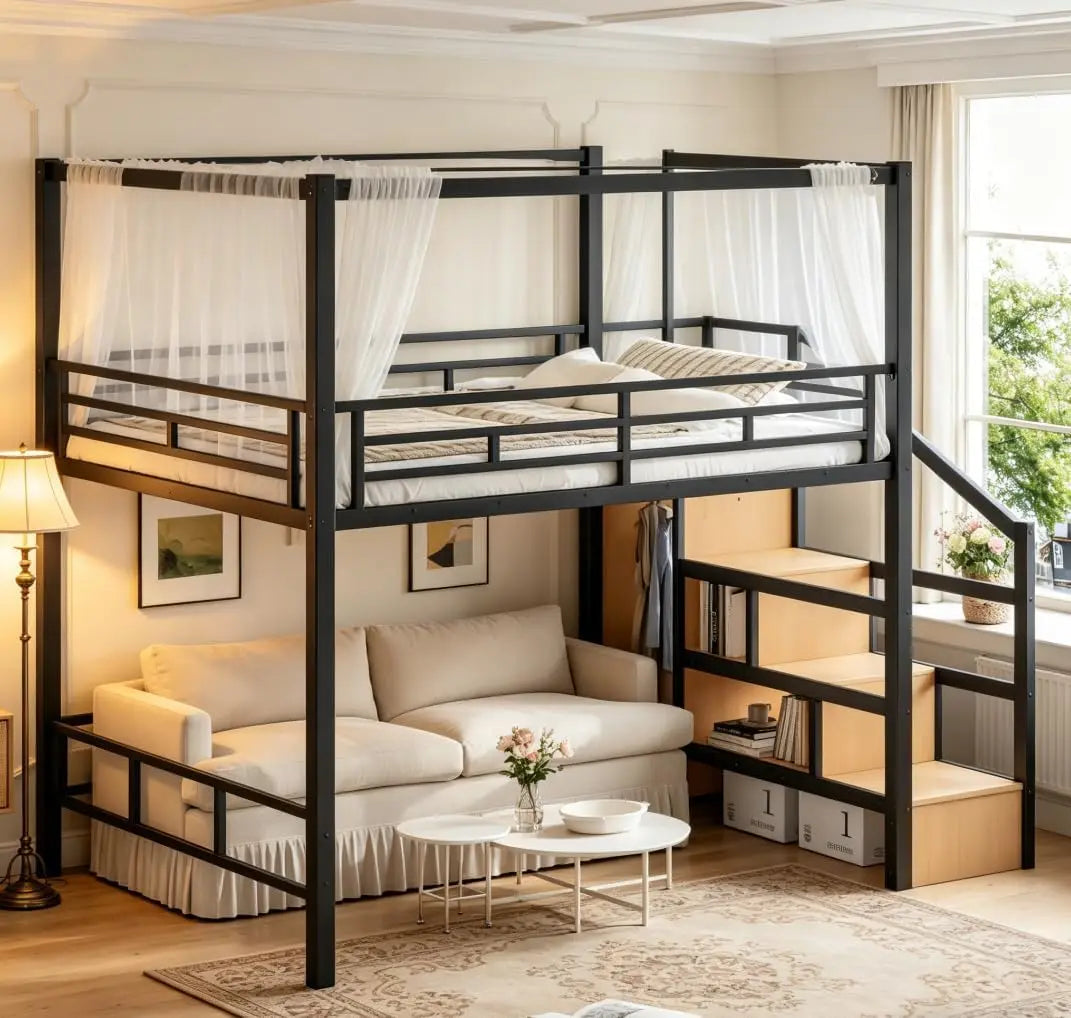 Bellemave Queen loft Bed with Storage Stairs, Wardrobe, Canopy Support Pole, Metal Queen Loft Bed Frame for Adults, Kids, Teens,