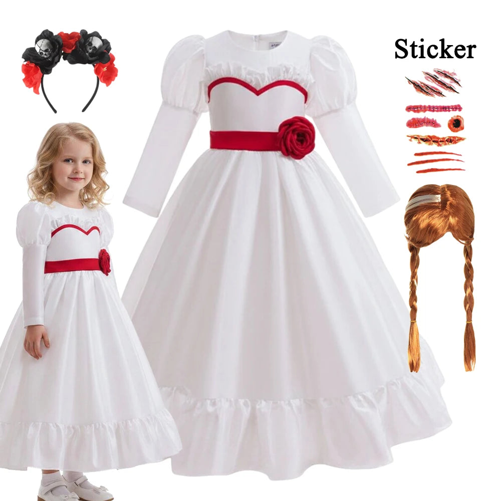 Horror Movie Girls Annabell Cosplay Halloween Costume Kids Horror Scary Doll Ghost Fancy White Dress Outfits