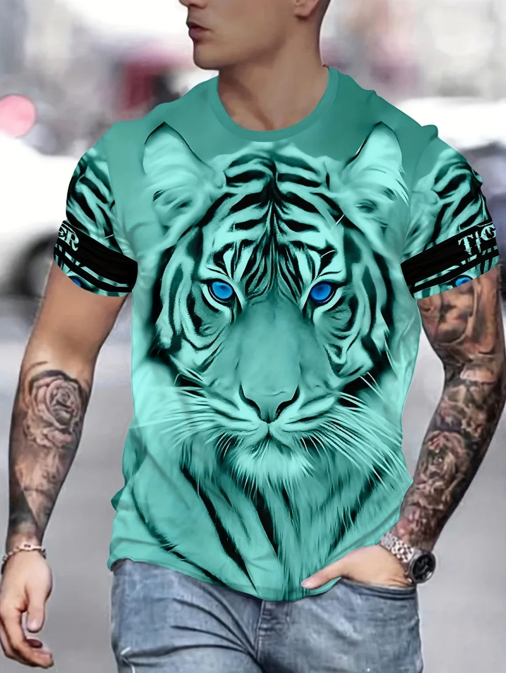 Men 3D Graphics Wolf Print T-Shirts Summer Oversized Causal Tees Fashion Tiger Pattern Fitness Short Sleeve O-Neck Tops Clothing