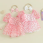 Pudcoco Newborn Infant Baby Girl Outfit, Short Sleeve Heart Print A-line Romper Dress with Bowknot Headband Clothes 0-18M