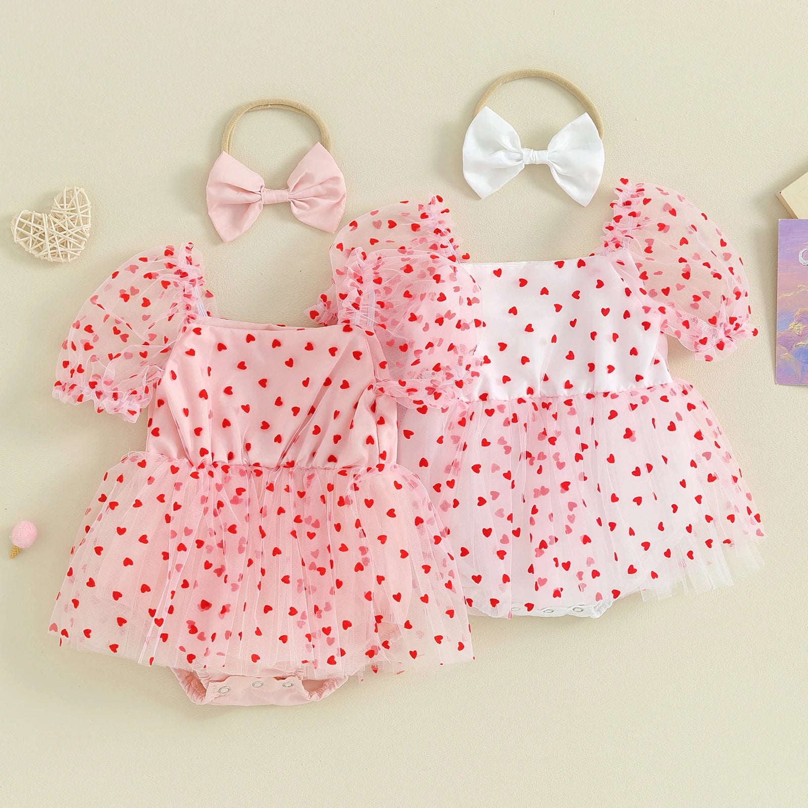 Pudcoco Newborn Infant Baby Girl Outfit, Short Sleeve Heart Print A-line Romper Dress with Bowknot Headband Clothes 0-18M