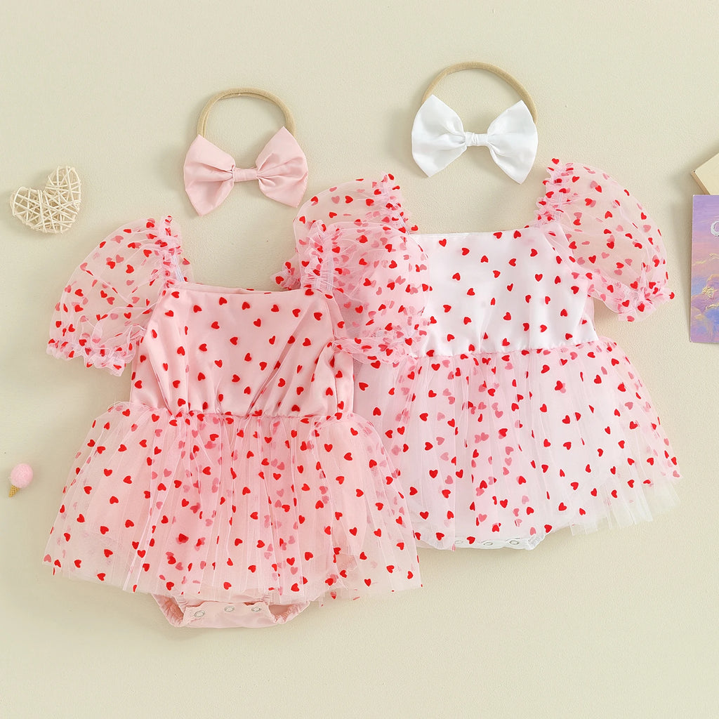 Pudcoco Newborn Infant Baby Girl Outfit, Short Sleeve Heart Print A-line Romper Dress with Bowknot Headband Clothes 0-18M