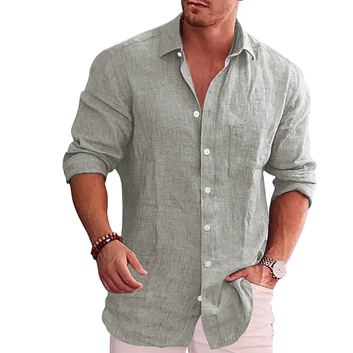Men's Loose Solid Color Shirt Linen Lapel Long Sleeve Casual