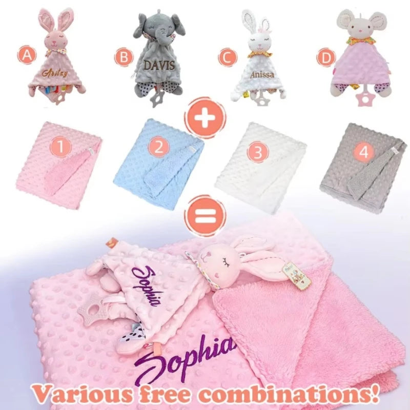 Personalized Newborn Baby Blanket with Name Custom Dot Minky Stroller Swaddle Set Security Towel Baby Shower Gift for Infant Boy