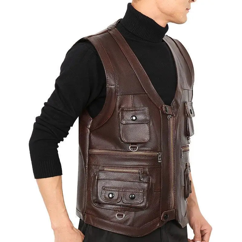 2025 Cowhide Genuine Leather Man Vest Waistcoat Male clothing Jacket Thick Motorcycle Multi Pocket leather biker Men safety vest