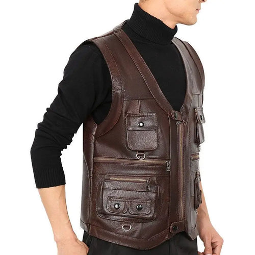 2025 Cowhide Genuine Leather Man Vest Waistcoat Male clothing Jacket Thick Motorcycle Multi Pocket leather biker Men safety vest