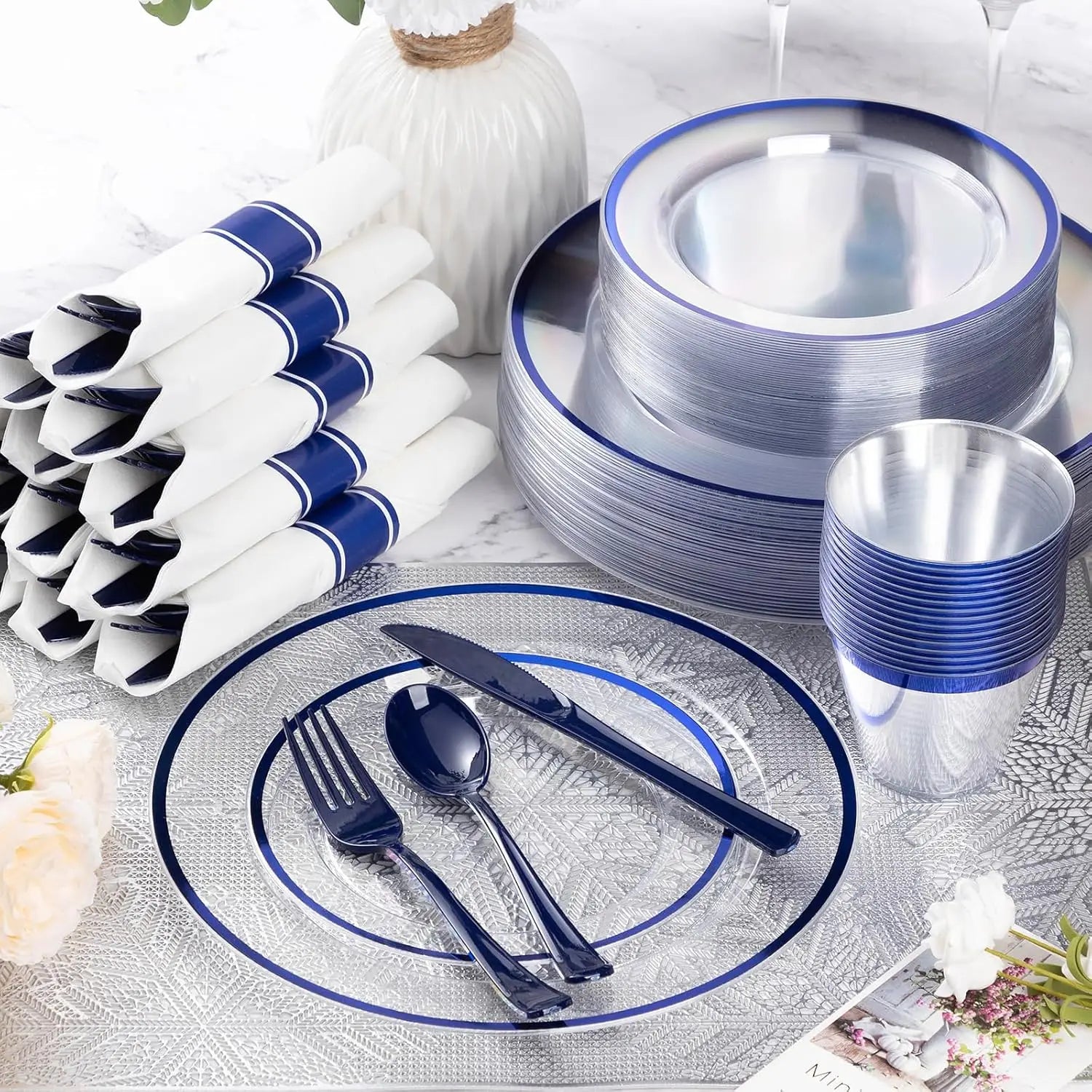 Disposable Party Dinnerware Set – 350 Pieces, Dark Blue Plastic, Includes 100 Clear Plates, 50 Pre-Rolled Napkins with Cutlery Set, 50 Cups, Serves 50 Guests, Ideal for Graduation, Birthday Celebrations