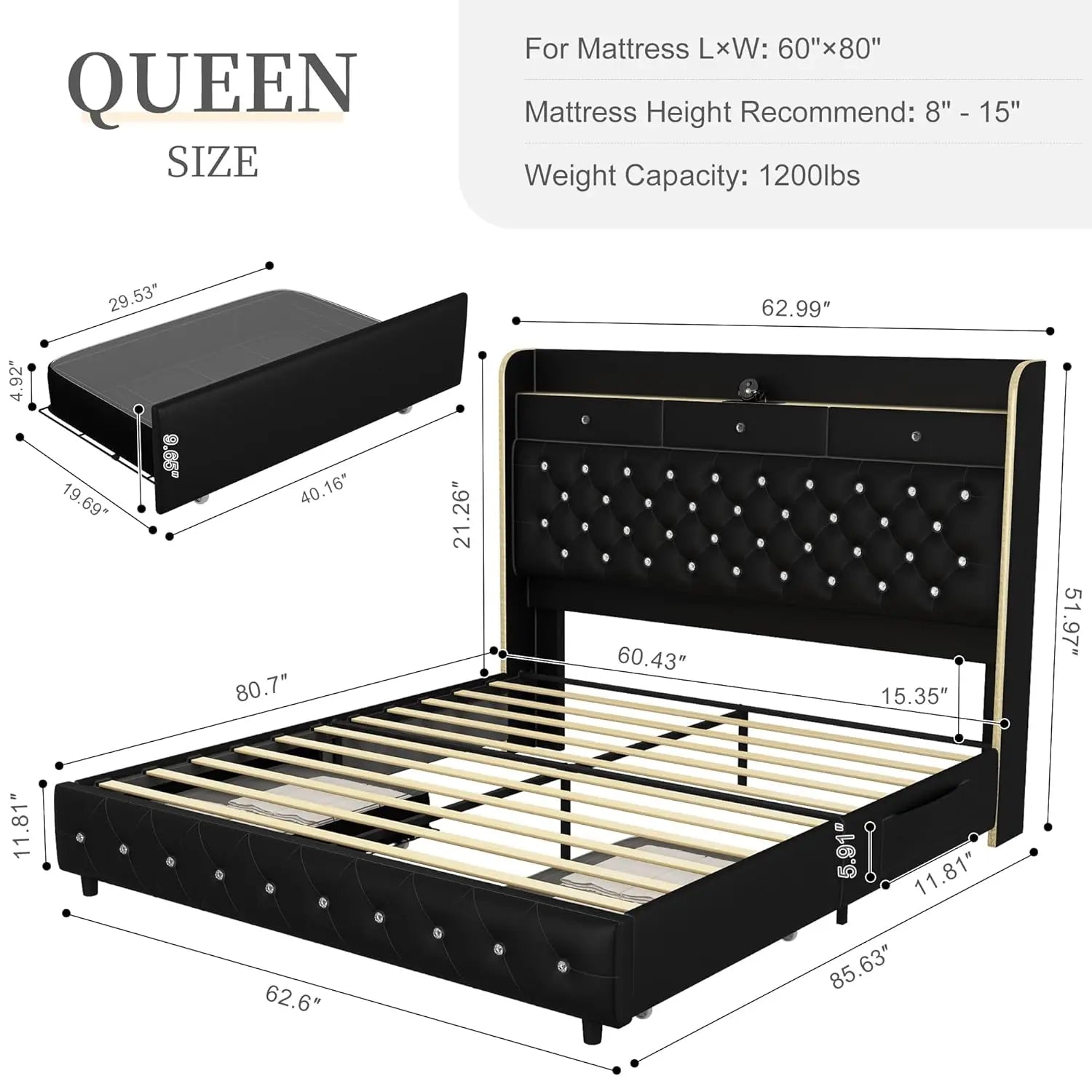 Led Bed Frame with Galaxy Aurora Star Projector, Platform Beds with Charging Station, 52" Diamond Upholstered, Customized