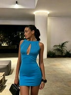 Trendy Blue Sleeveless Slim Fit Mini Dress High Neck Front Cutout Backless Zipper Skirt Women Sexy Bdate Party Club Holiday Wear